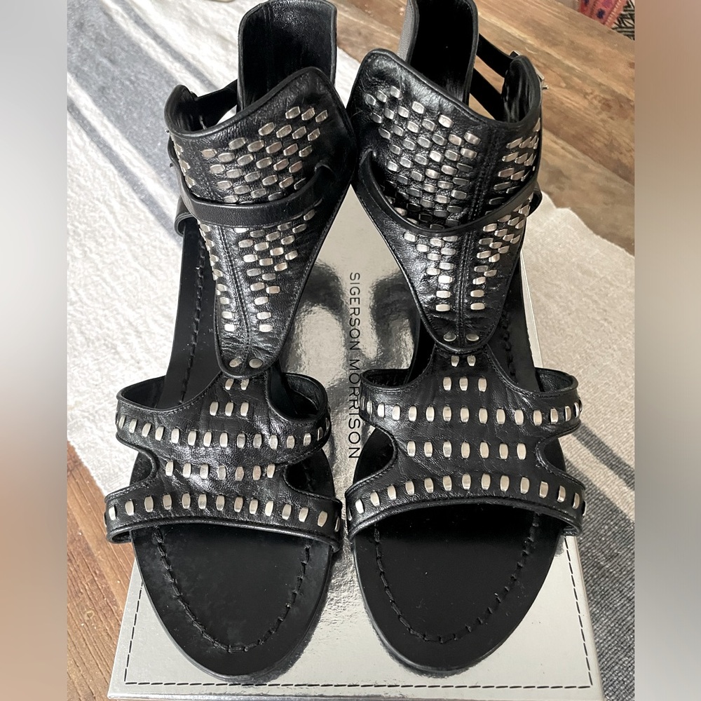 SIGERSON MORRISON $690 Zoe Black and Silver Studded Gladiator Low Wedge Sandals